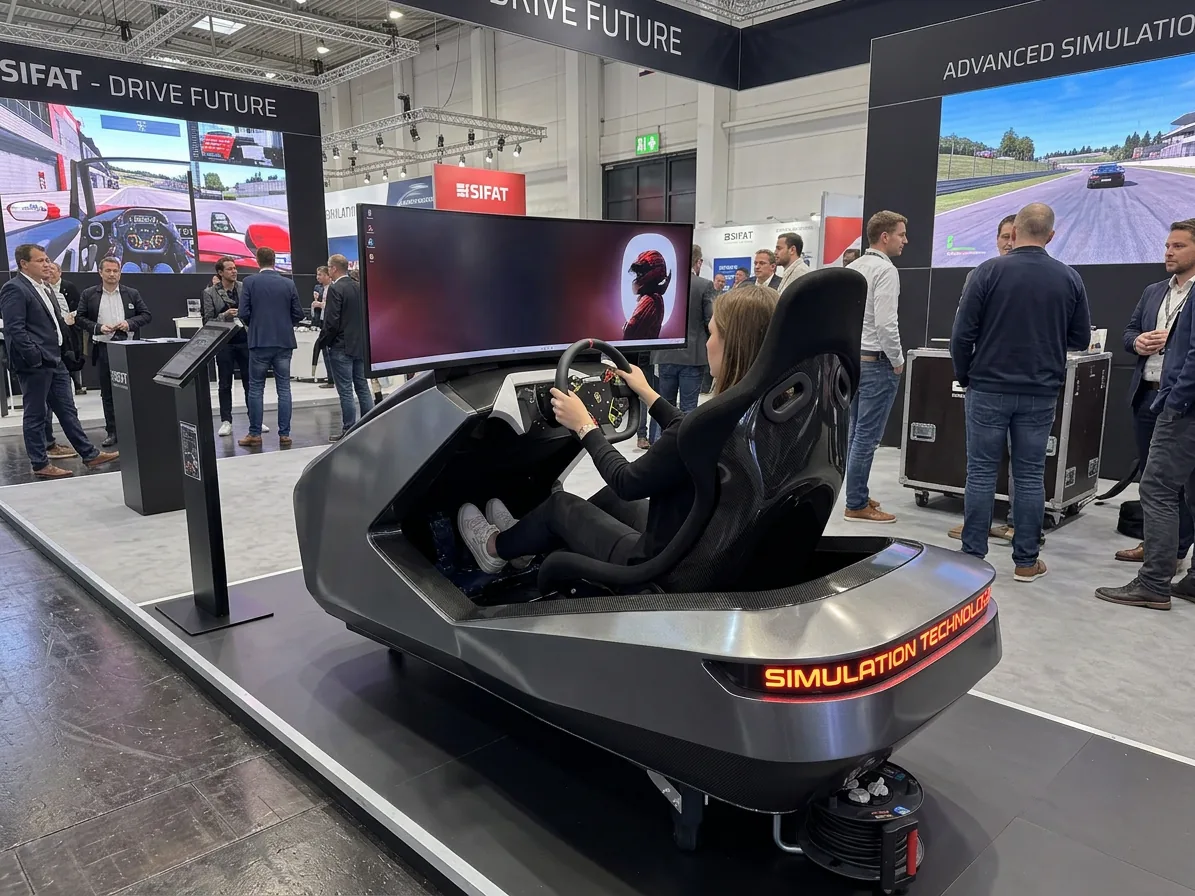 Guest driving a simulator at an event